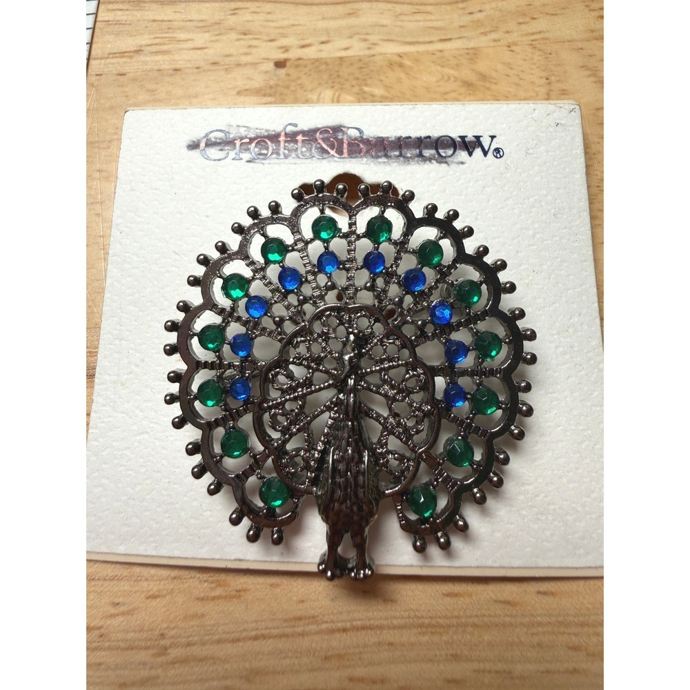 Croft & Barrow Gunmetal Blue Green Rhinestone Peacock Brooch Pin Vintage Style